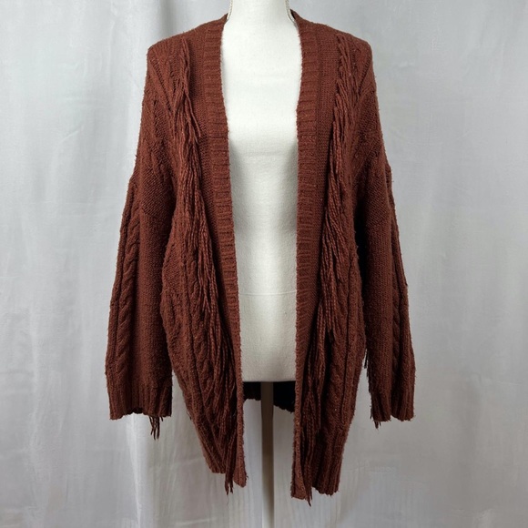 American Eagle Fringe Classic Cable Knit Sweater Cardigan in Chocolate Brown - Picture 1 of 6